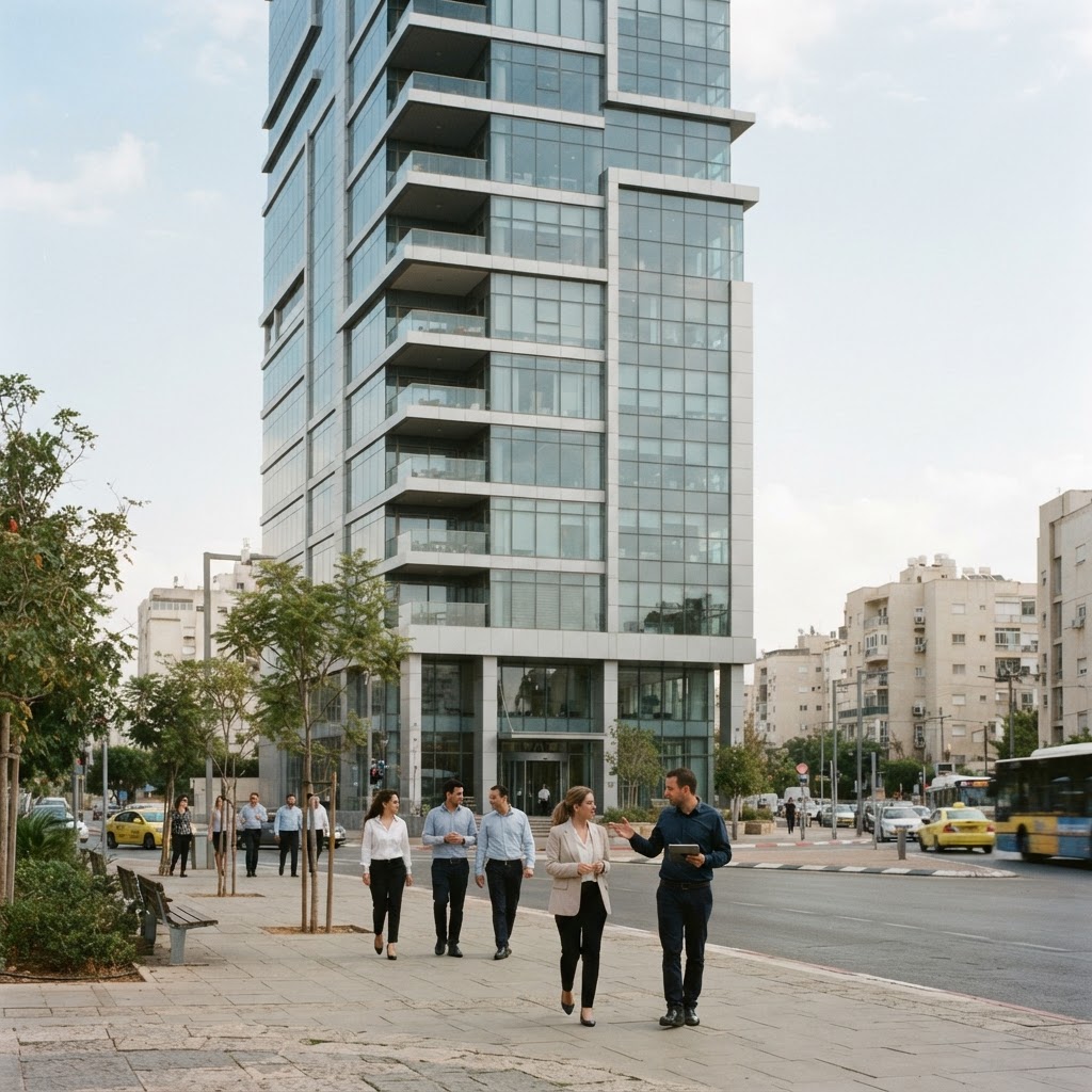 הדמיית מגדל משרדים מודרני רב קומות באזור עסקים חדש בקריית אונו